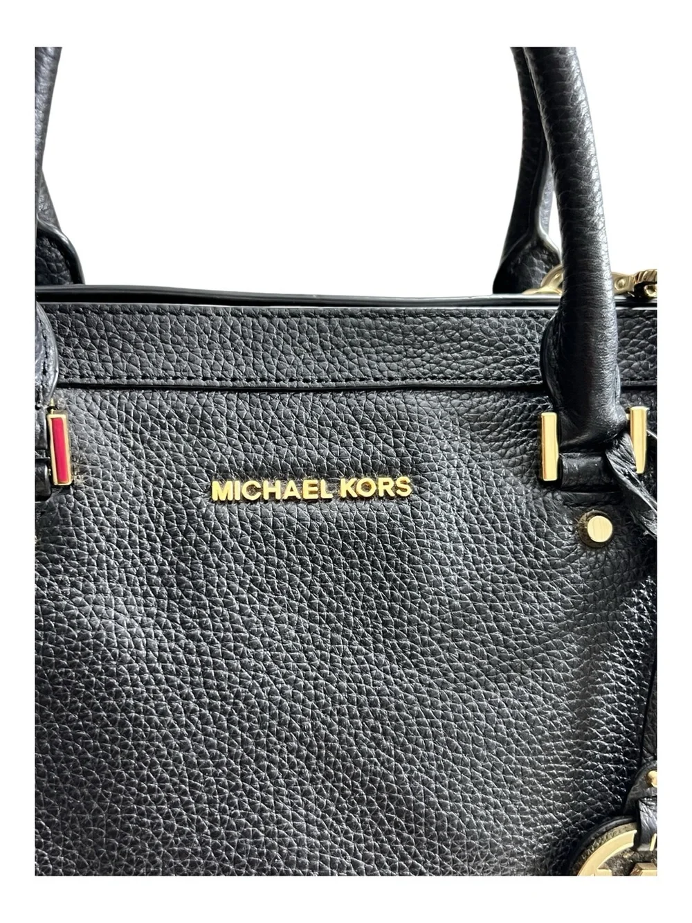 Michael Kors Black Leather Satchel with Gold MK Charm